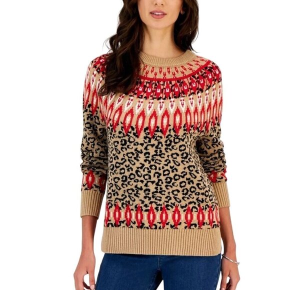 Charter Club Leopard Red Gold Fairisle Cotton Blend Pullover Sweater Size L - Picture 4 of 9